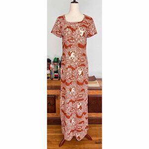 VTG 60's Kimo's Polynesian Shop Hawaiian T-Shirt Maxi Dress Floral Raccoons Sz S